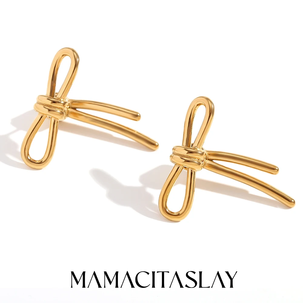 MamacitaSlay Stylish Bow Line Gold Plated Silver Color Earrings trendy women's stainless steel jewelry High Quality fine jewelry