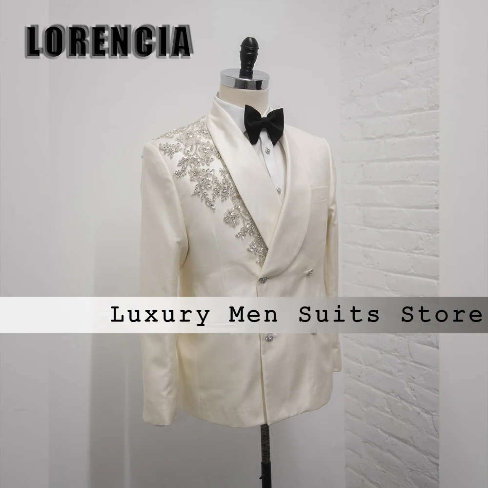 

Glitter Diamond Men Suits 2 Pieces Double Breasted Tuxedos for Wedding Groom Wear Customized Blazer Pants robe mariage femme