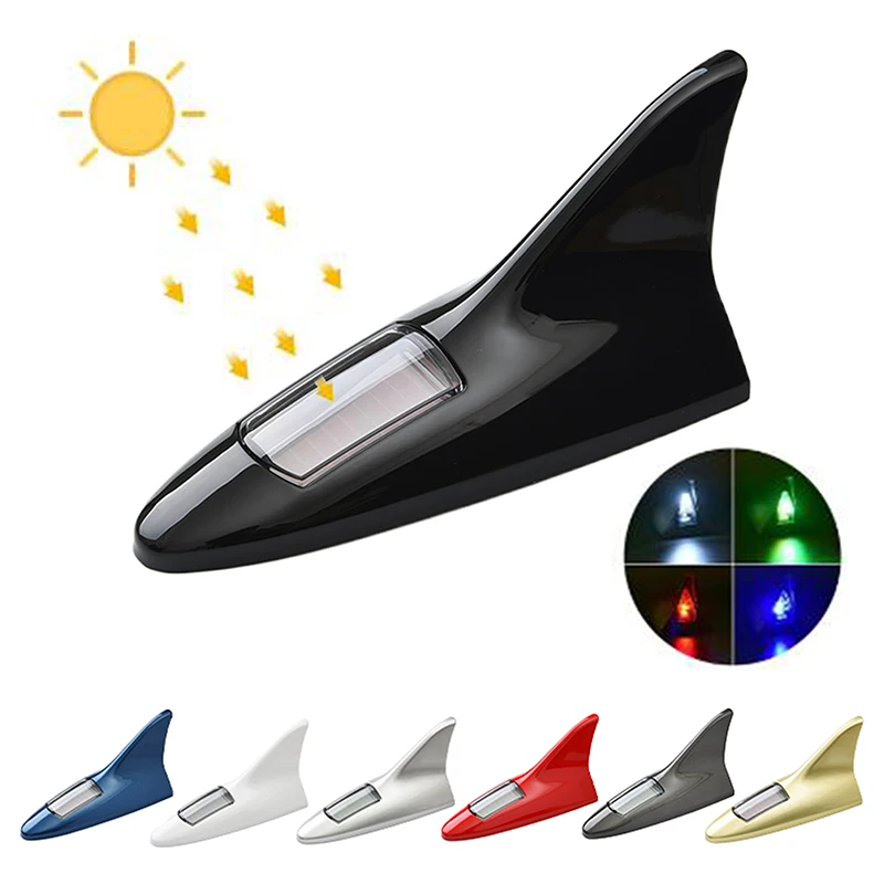 Universal LED Light Car Shark Fin Antenna with Solar Energy Auto Radio Signal Aerials Roof Antennas Driving Safety Warning Light