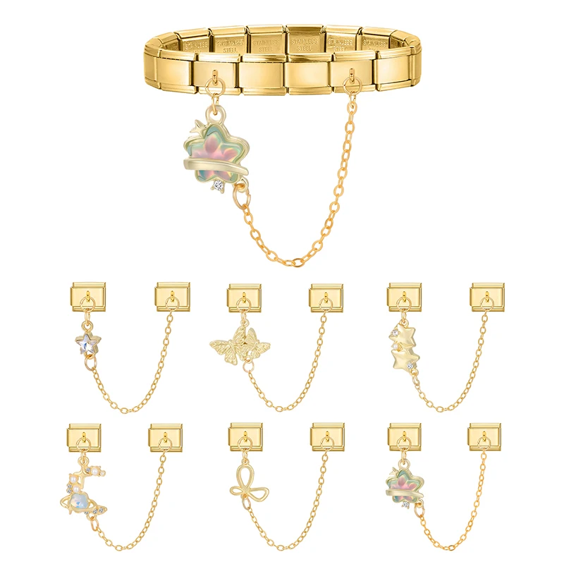 

Gold Color Zircon Star Butterfly Moon Tassel Chain Italian Charm Links Fit 9MM Bracelet Stainless Steel Men Women DIY Making