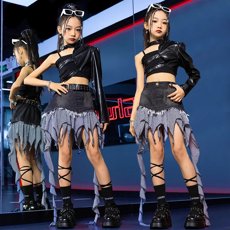 Girls Group Hip Hop Dance Set Fashions Black Sexy Jazz Performance Costume for Children 4 To 16 Years School Teens Kids Clothes