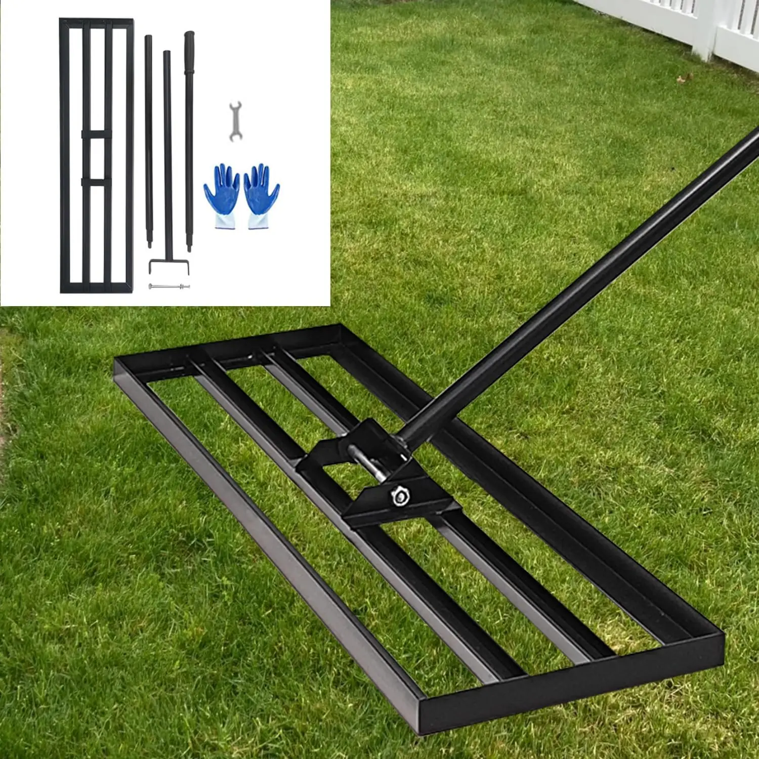 

36"x10" Lawn Leveling Rake - High Carbon Steel Yard Lawn Leveler Tool with Adjustable Long Handle | Multi-Surface Levelawn Tool