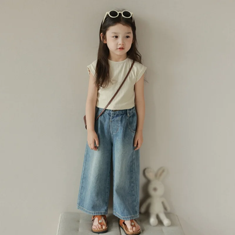 3-8Y Girl Wide Leg Pants All Seasons Skin Friendly And Breathable Elastic Waist Denim Fabric Girls Loose Straight Jeans