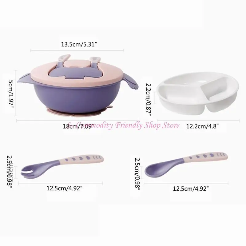 85AE Perlengkapan Menyapih Bayi Set Makan Bayi Sendok Piring Mangkuk Hisap Silikon