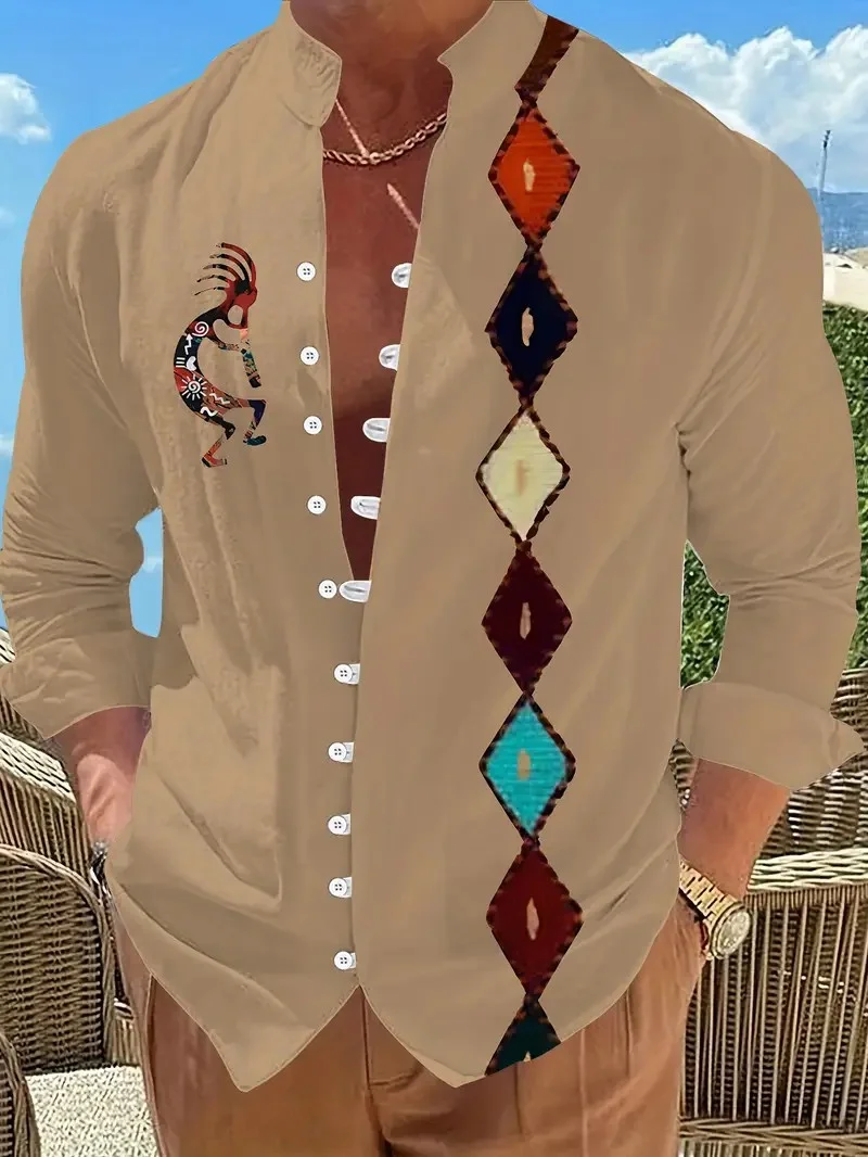 Men's Long Sleeve Shirt New Printed Button Shirt Fashion Loose Men's Shirt Casual Clothing Muslim Men's Clothing.