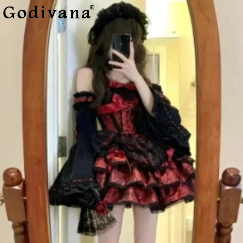 

New Black Red Sexy JSK Subculture Sweet Ballet Birthday Lolita Dress Square Neck Summer Ladies High Waist Princess Cake Dresses