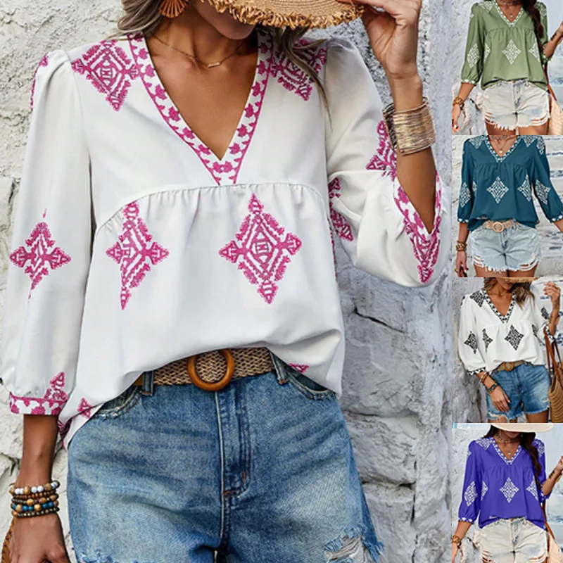 2025 blusa de mujer Primavera Verano nueva moda estampada 3/4 manga cuello en V mujer Vintage Top suelta Casual ropa de calle camisas de mujer