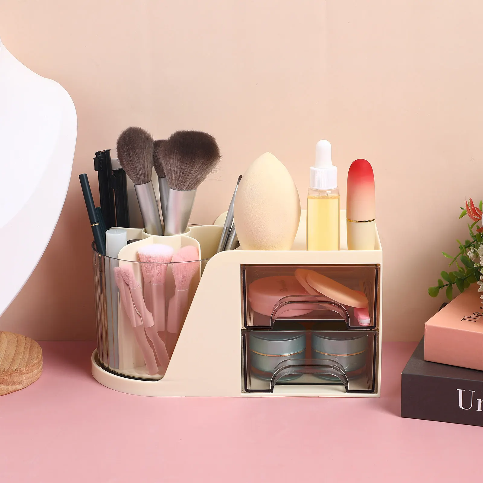 Desk Pen Holder Organizer Divided Compartments Double Drawers Desktop Storage Office Supplies Makeup Brush Workspace