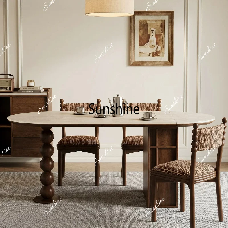 Retractable dining table oval solid wood leg villa high-end rock slab table