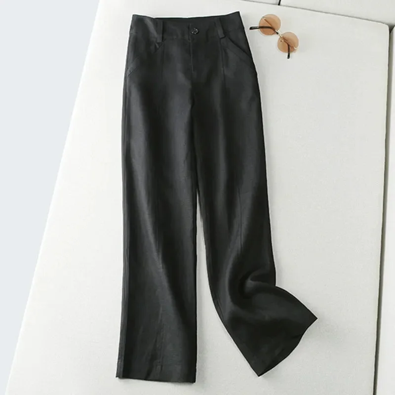 Women Cotton And Linen Wide Leg Pants Female Solid Color Loose Fitting Flax Straight Leg Trousers Ladies Leisure Flax Pantalons