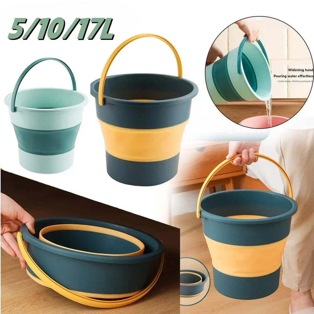 5/10/17L Folding Portable Bucket with Cover Car Wash Fishing Bathroom Tool Silicone Bucket Outdoor Camping Household Supplies