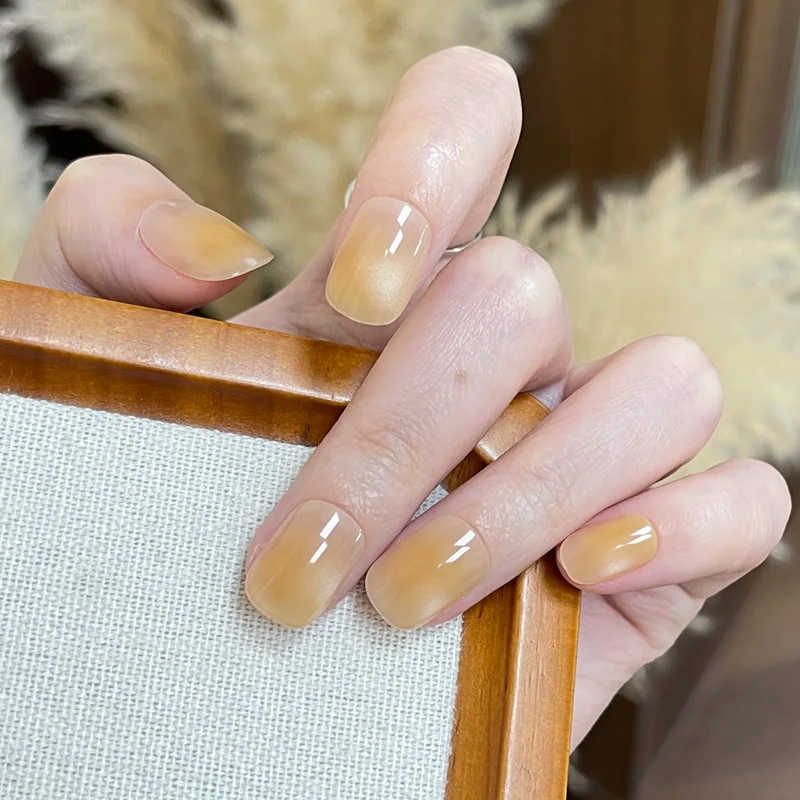 24PCS Pure Cat Eye Unghie Finte con Colla Dolce Semplice Breve Quadrato Unghie Finte per Spice Girls Ins Style Acrilico Indossabile Stampa On