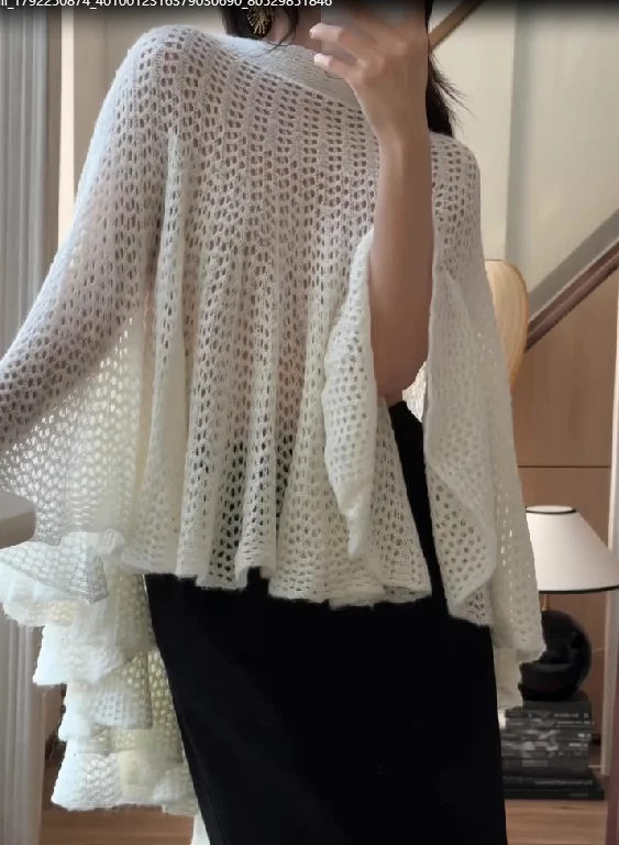 White Hollow Out Crochet Cover Up Cape Style Back Tie Split Irregular Hem Flowy Beachwear Summer Vacation Holiday Party C318