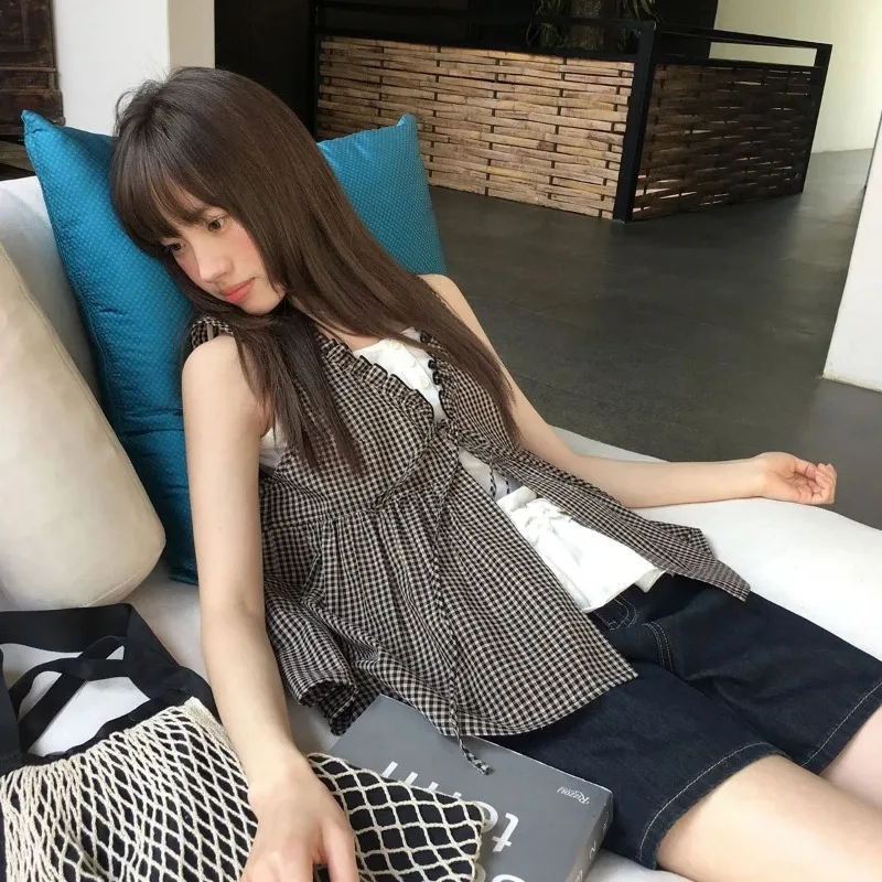 Korean-style Two-piece Small Camisole Plaid Vest Set for Women, Summer High-end Slim Cardigan Top