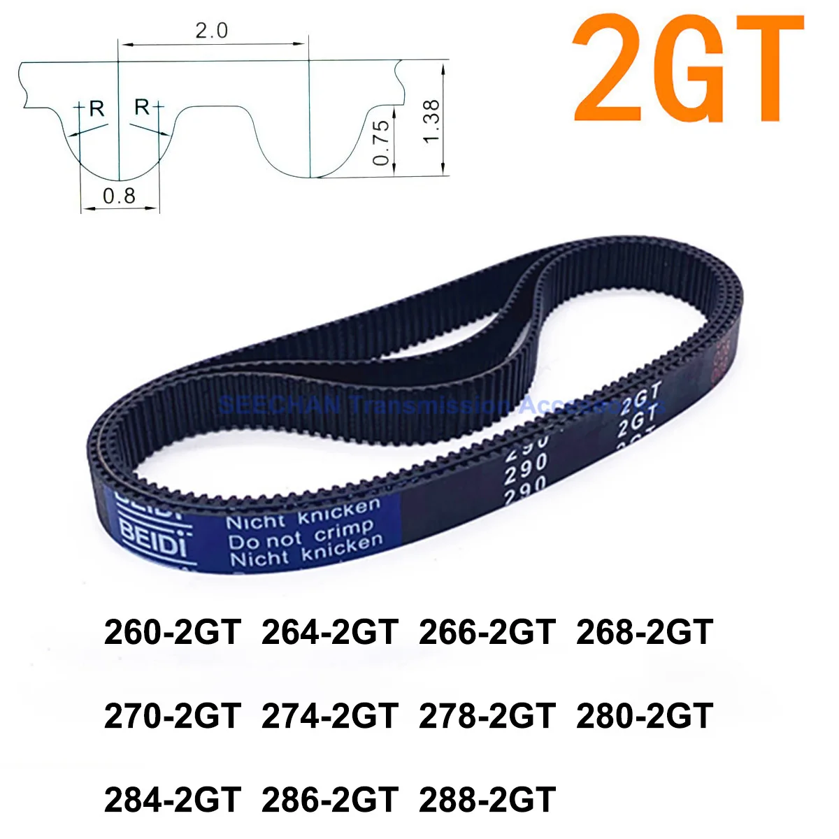 

2GT Rubber Timing Belt Pitch Length 260 264 266 268 270 274 278 280 284 286 288mm Width 6mm 10mm Closed Loop Synchronous Belt