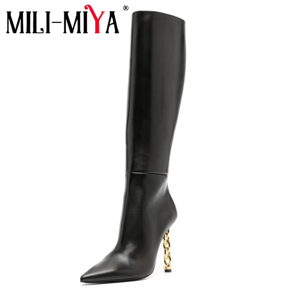 

MILI-MIYA New Arrival Strange Thin Heels Women Full Genuine Leather Knee High Boots Fashion Pointed Toe Black Dress Party Shoes