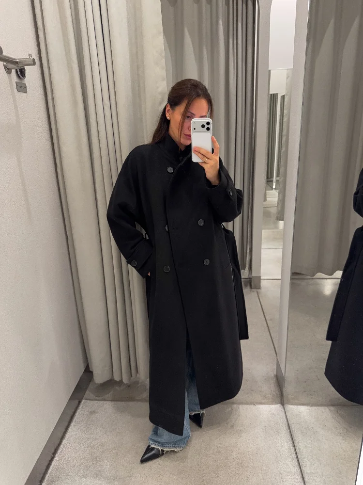 Women Stand Collar Double Breasted Long Wool Coat Self Tie Belt Loose Long Sleeve Elegant Warm Winter Casual Street Outerwear