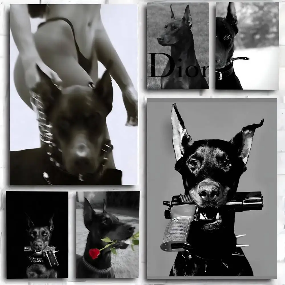 Hypebeast Moderner Schwarz-Weißer Dobermann mit Pistole Luxuriöses Mode-Poster Kunstdruck Anime-Stil Heimdekoration Ideales Geschenk Perfekte Raumdekoration