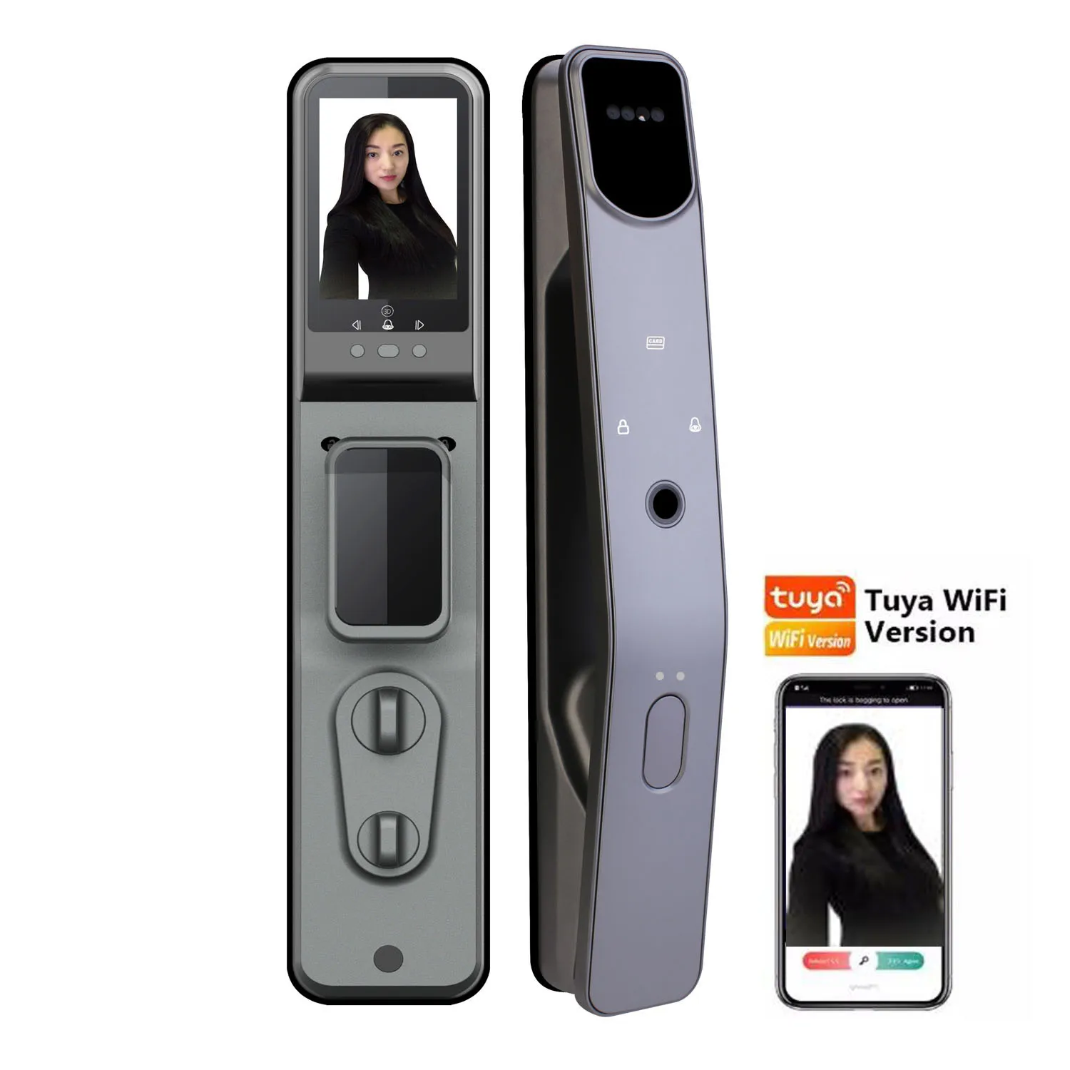 Face recognition smart door lock with camera, picture capture wifi Tuya App remote control, fingerprint, facial, password, card