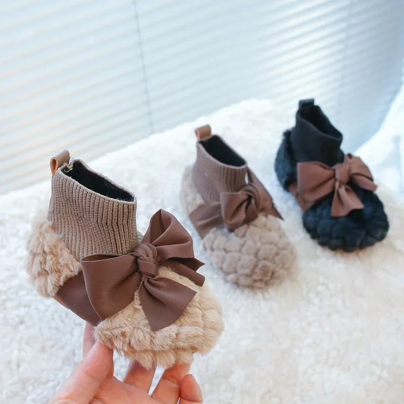 2025 Winter New Kids Sock Boots with Big Knotbows Girls Plush Shoes Suede Warm Children Flat Shoes Soft Sole Versatile Non-slip