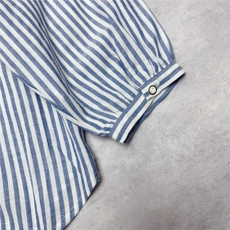 Camicia a righe con gattino ricamato giapponese Johnature per l'estate Nuova camicia da donna versatile allentata con risvolto casual