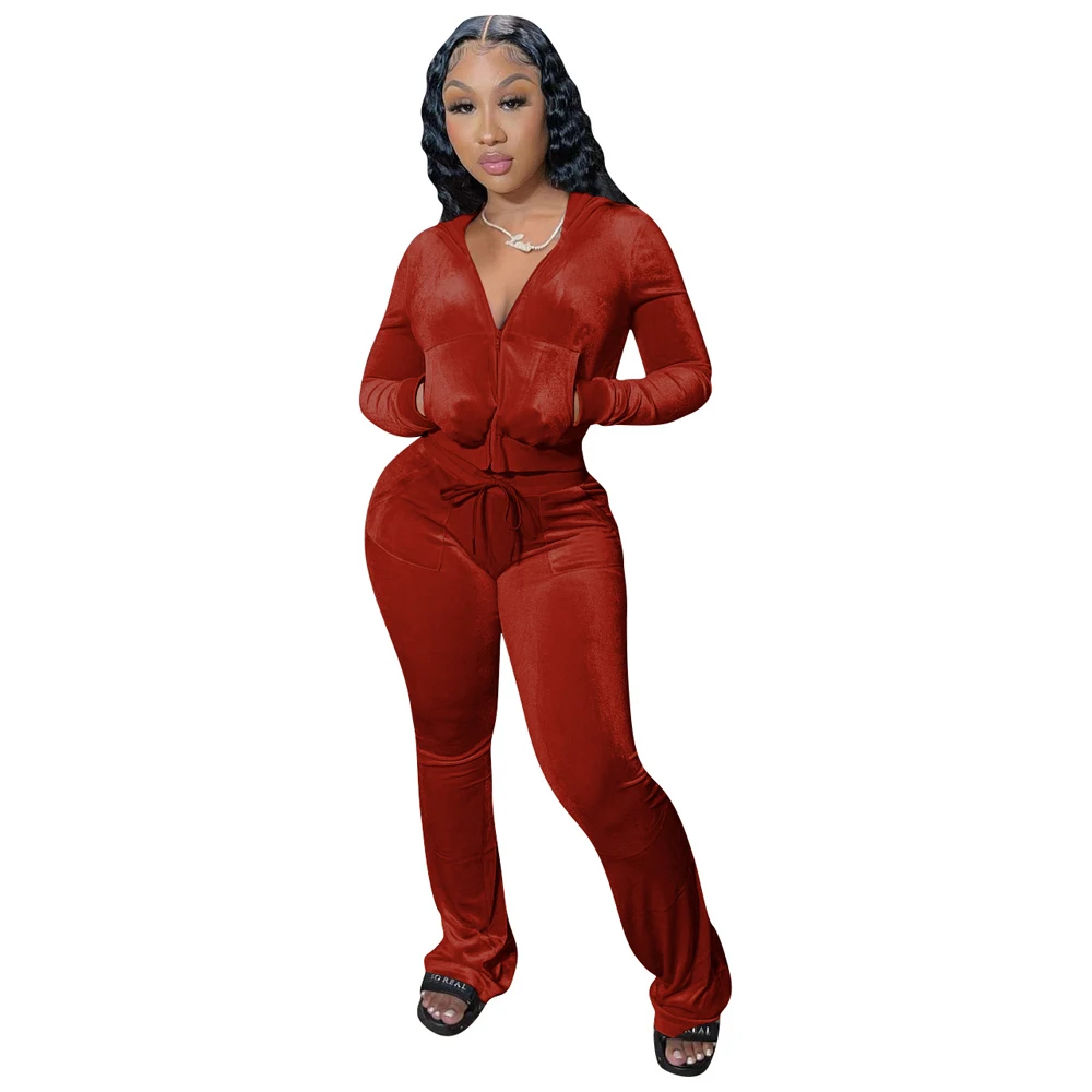 JENYAGE Damen Y2K Einfarbiger Velours Zweiteiler Trainingsanzug mit Reißverschluss-Kapuzenjacke und ausgestellter Hose mit Kordelzug, lässiger Jogginganzug – Detail 15
