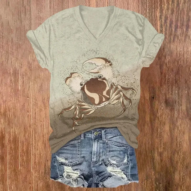 Vintage Crab Swarm Art Print V-neck T-shirt Summer Women's T Shirts view 2