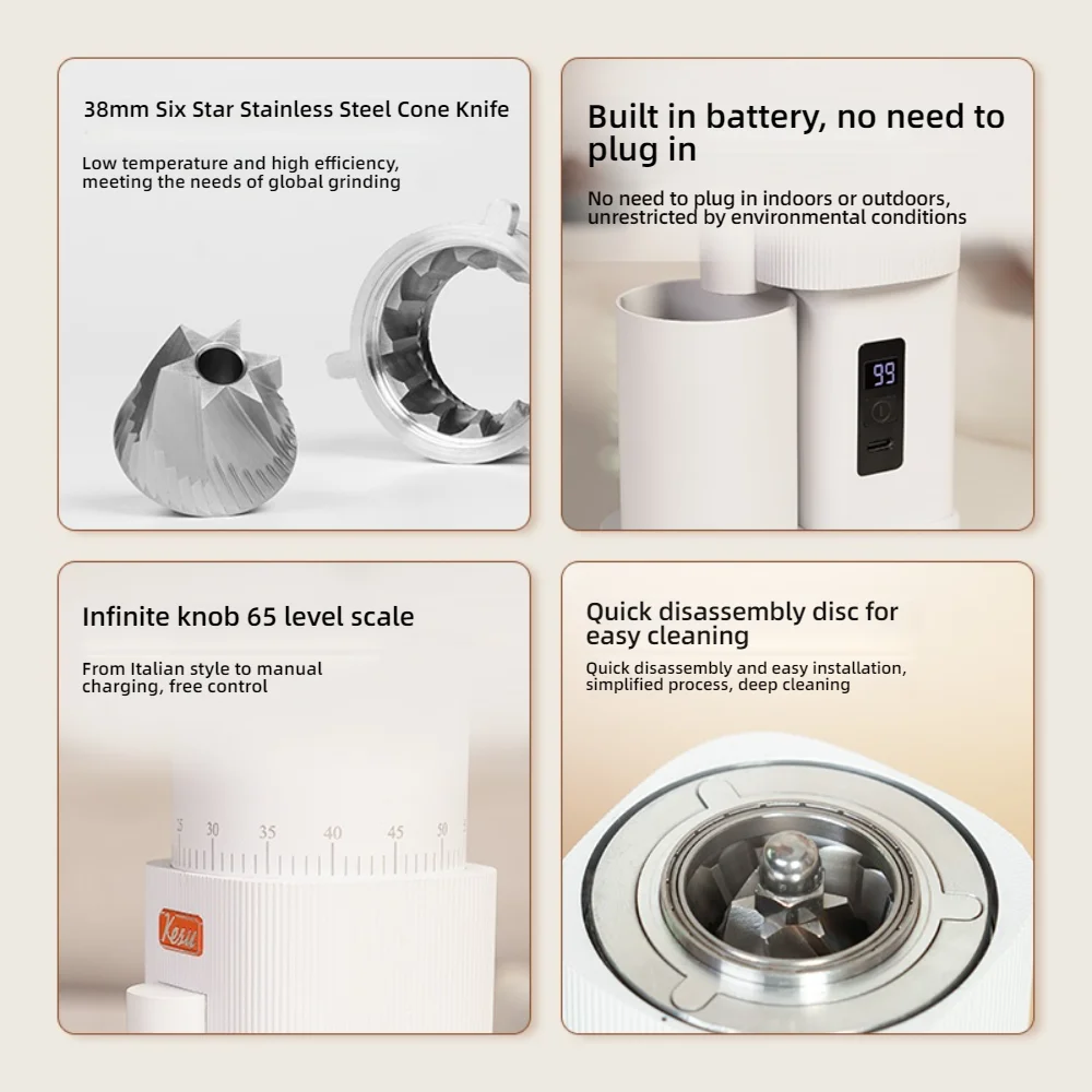 CAFOVO G138C Rechargeable Electric Coffee Grinder 38mm Stainless Steel Conical Burr 60RPM Low Speed Built-in Battery Mill