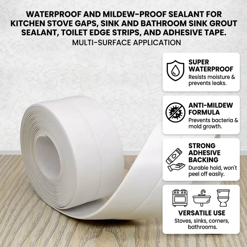 Waterproof Sealing Tape Sink Caulk Anti-Mildew Adhesive PVC Self Covering Tape Strip for Kitchen, Bathroom, Toilet, Corner Gap