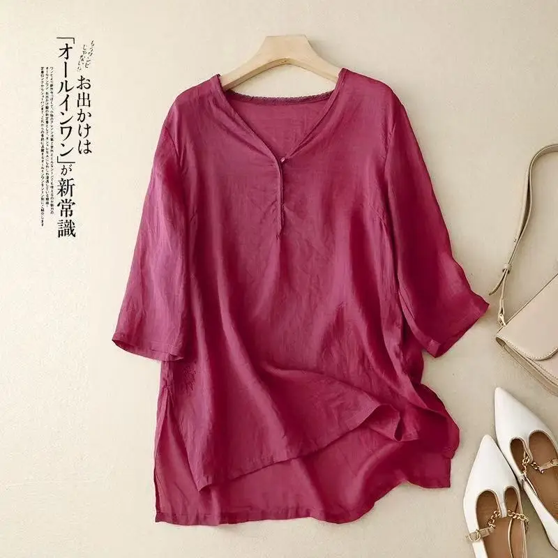 

Solid color embroidered cotton and linen shirt women's loose V-neck blouse casual split linen blouse thin.