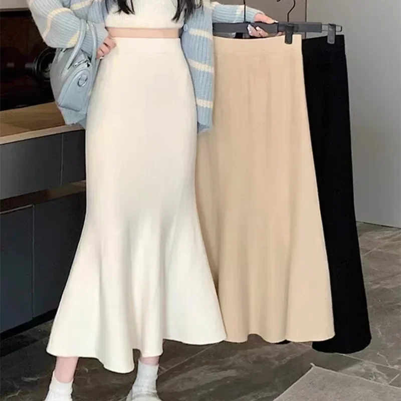 

Elegant Office Long Skirt Women Autumn Winter High Waist Wrap Hip Skirts Y2k Streetwear Korean Fashion Knitted Solid Long Skirt
