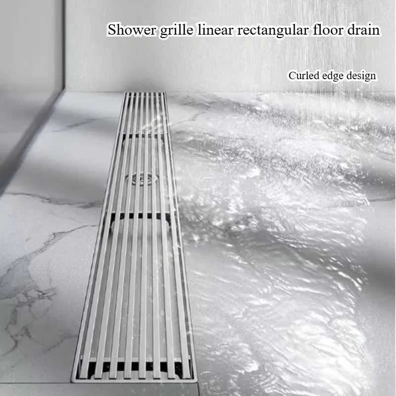 304 Stainless Steel Linear Floor Drain, 8.5cm Wide Long Strip Design, Rectangular Grille, Anti-Odor for Bathroom Shower