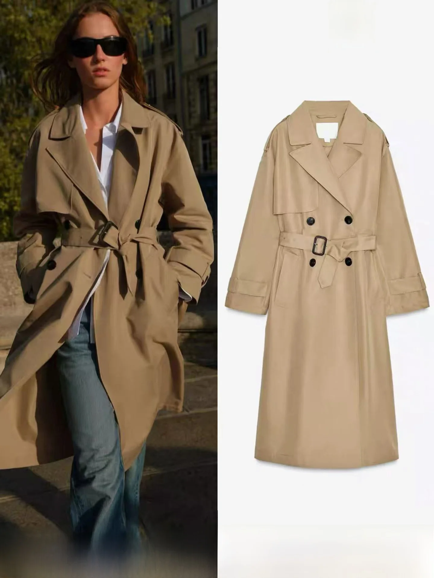 

Осенняя новинка: Женское длинное двубортное пальто с поясом, средней длины, с отложным воротником, в деловом стиле, из полиэстера.