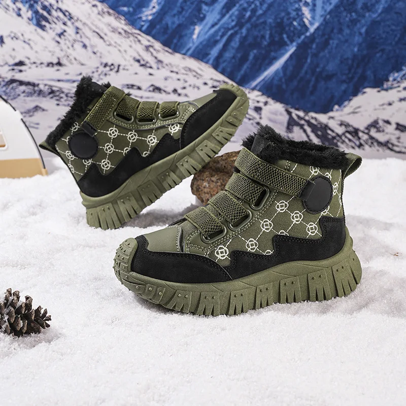 Zapatillas altas de terciopelo para invierno, botas de nieve rosas para niñas y niños, botas cálidas de algodón de felpa, zapatos de senderismo con plataforma para exteriores para niños