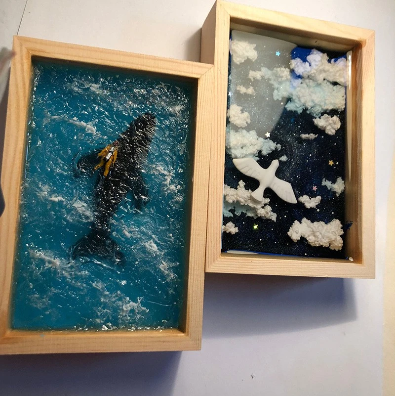 Handmade 3D three-dimensional resin painting, sky ocean whale glue ornament, hand-painted gift.