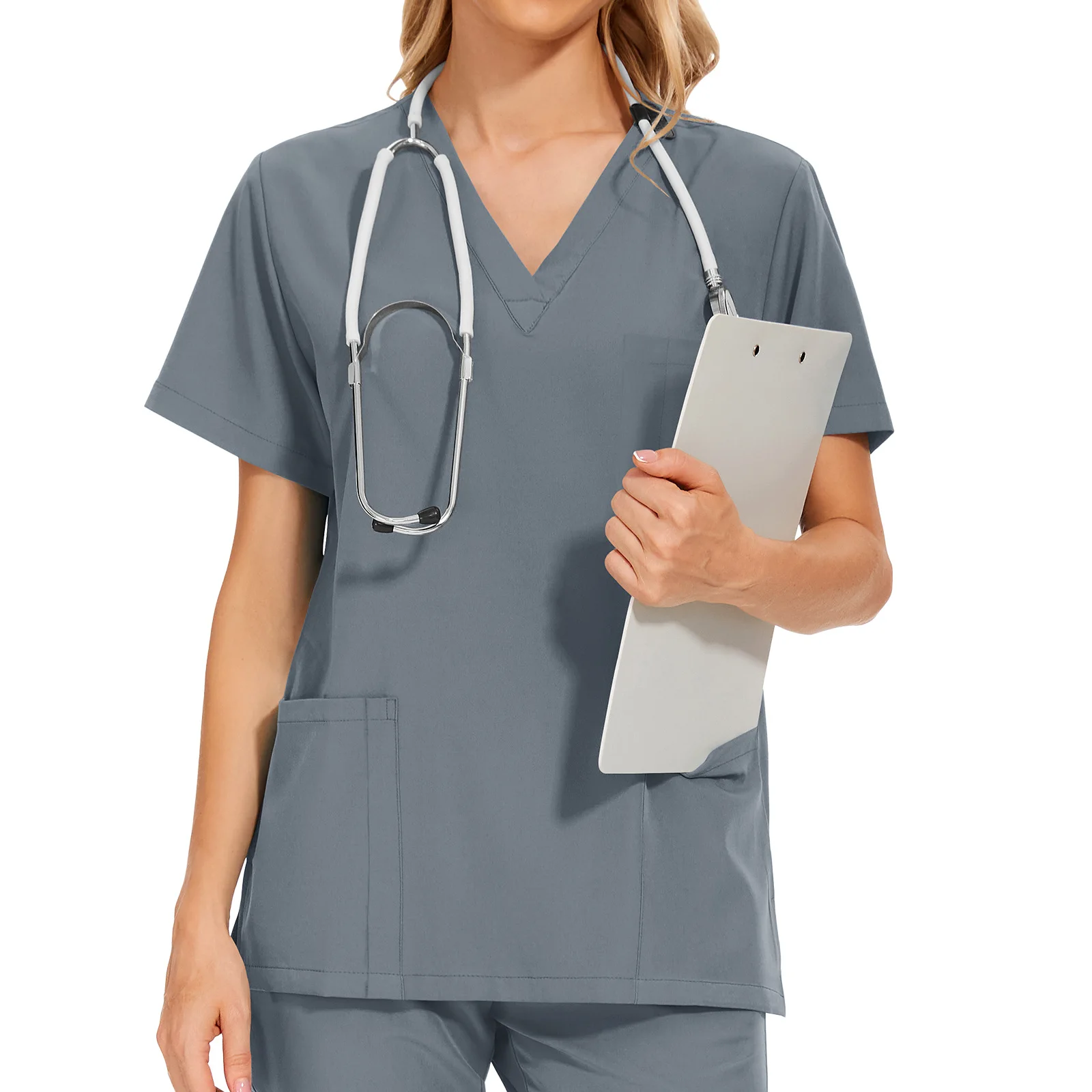 Workwear Nursing Women Scrubs Elastic Band Pants Working Uniform Women Short Sleeve Neck Tops Dental Hospital Scrubs Suits