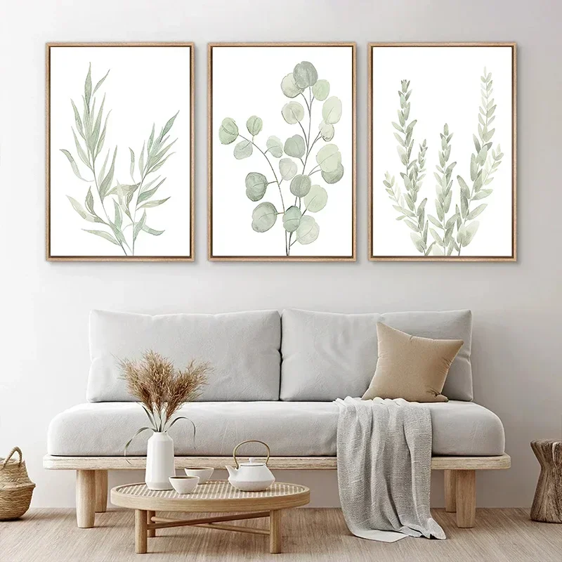 Pósteres artísticos de pared de planta verde salvia nórdica, hojas de eucalipto minimalistas, pintura en lienzo de acuarela, impresiones de imágenes, decoración del hogar para habitación