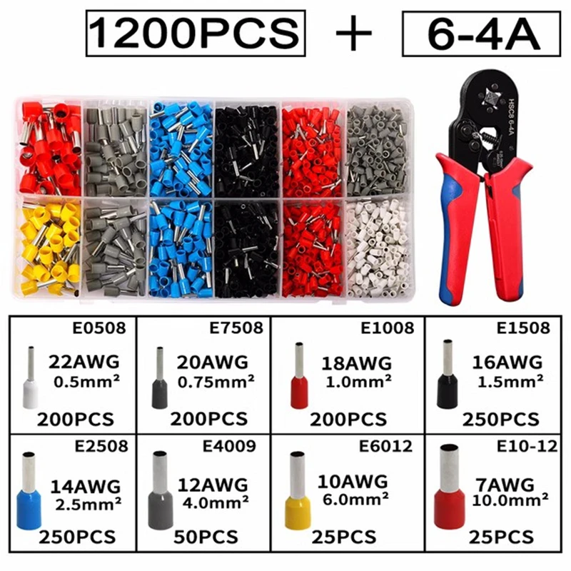 Zestaw zacisków zaciskanych na zimno 1200 szt. Zacisk zaciskany HSC8 6-4 zestaw europejskich końcówek rurowych