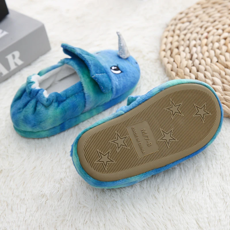 New Toddler Boys Slippers Indoor Winter Cartoon 3D Dinosaur Plush Warm Kid House Footwear Soft Rubber Sole Home Shoes Baby Items