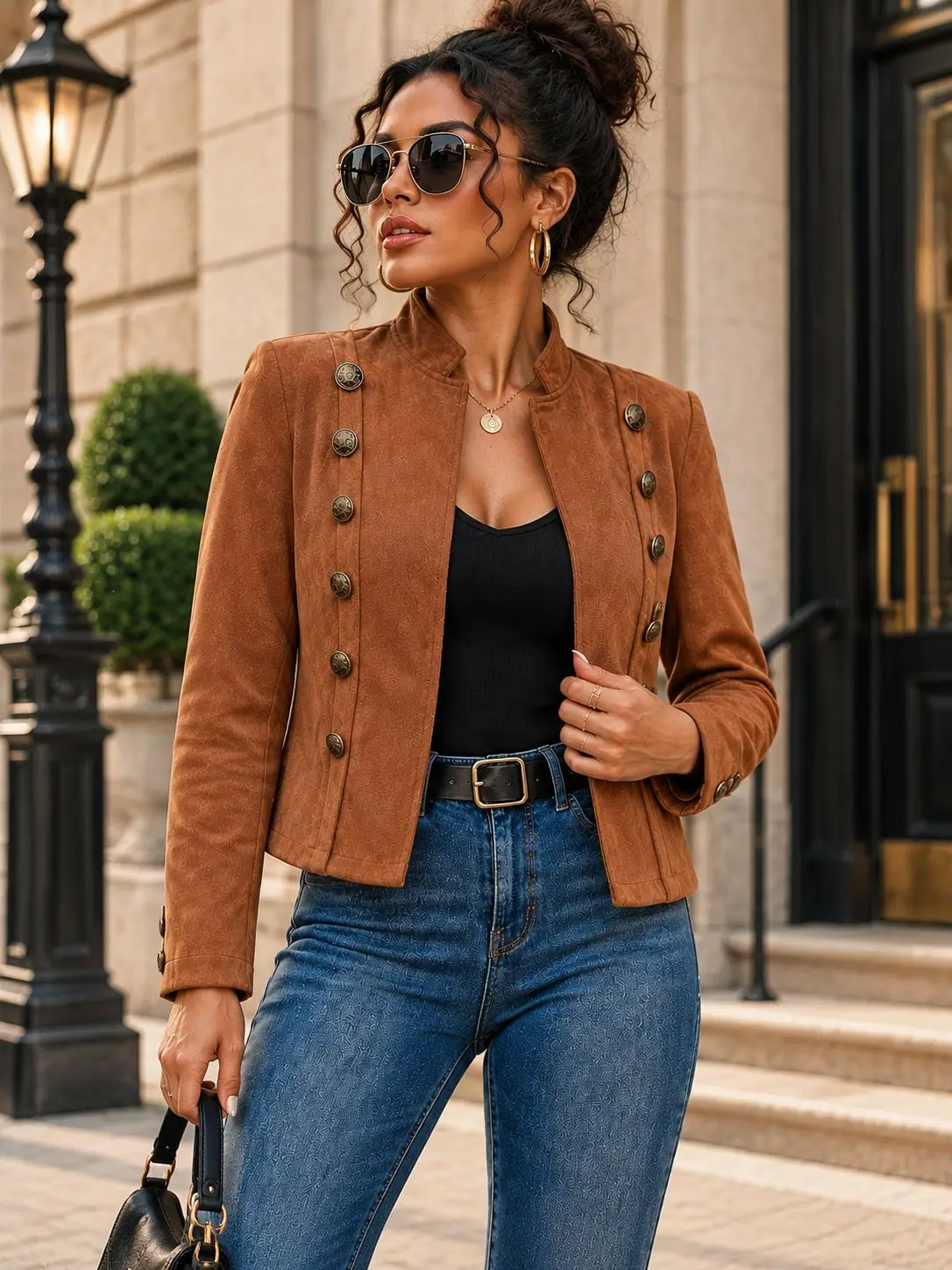 Women's Faux Suede Jacket Stand Collar Double Breasted Vintage Metal Buttons Embossed Texture Slim Fit Short Coat Elegant Casual Outerwear for Daily Wear