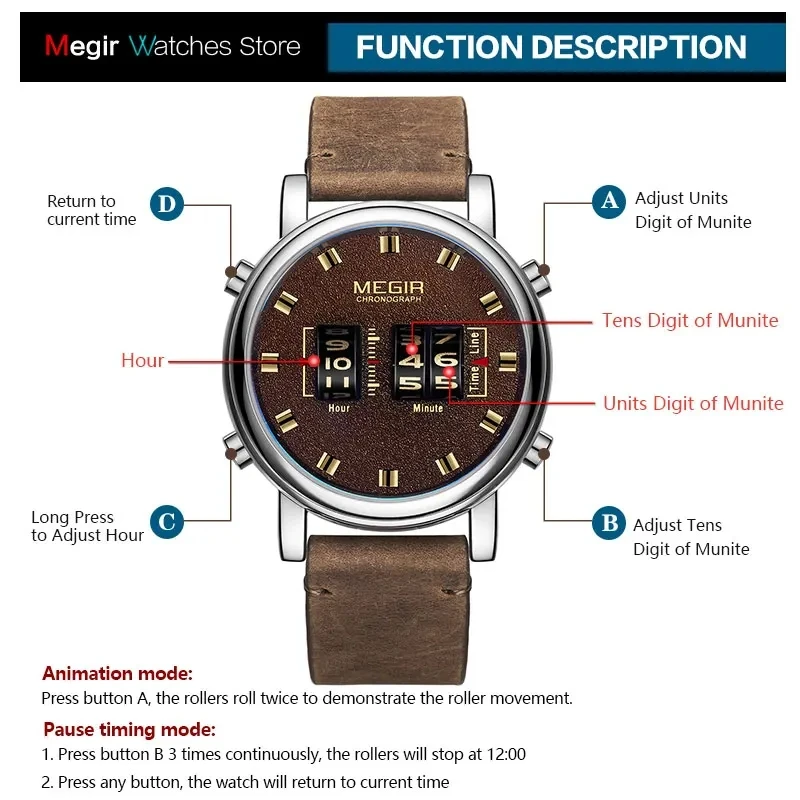 MEGIR 2137 Men\'s Quartz Watch Multi-Functional Creative Roller Wheel Dial Retro Design Timing Genuine Leather Waterproof Watches