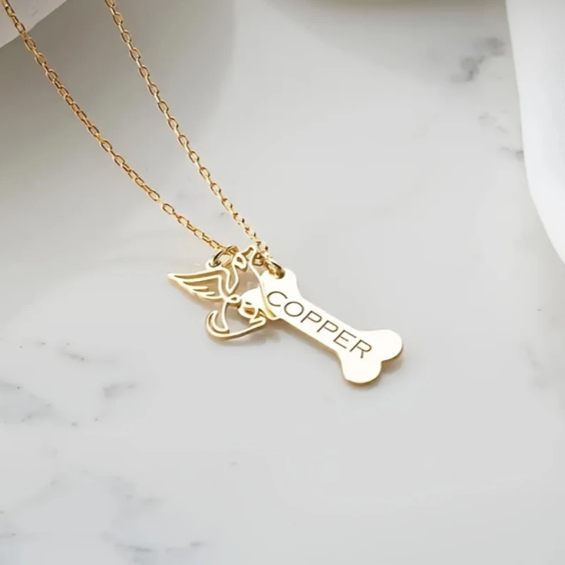 

Personalized Angel Dog & Bone Pendant Name Necklace 18K Golden Plated Stainless Steel Cute Elegant Style Jewelry for Women Girls