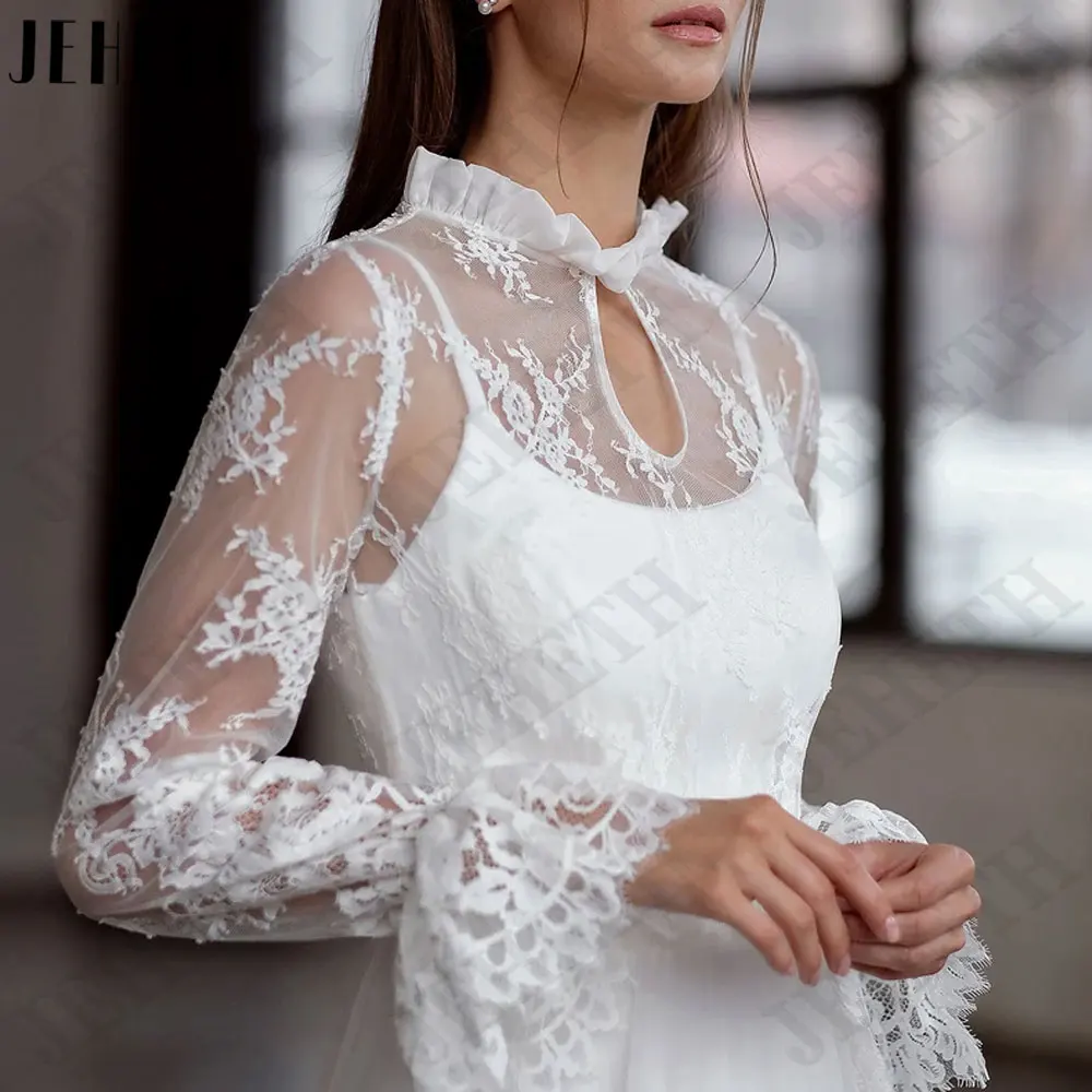 JEHETH collo alto a-line abiti da sposa pizzo manica lunga 2024 abiti da sposa bottoni posteriori senza schienale Tulle vestido de noiva casamentoJEHETH collo alto a-line abiti da sposa pizzo manica lunga 2024 abiti da