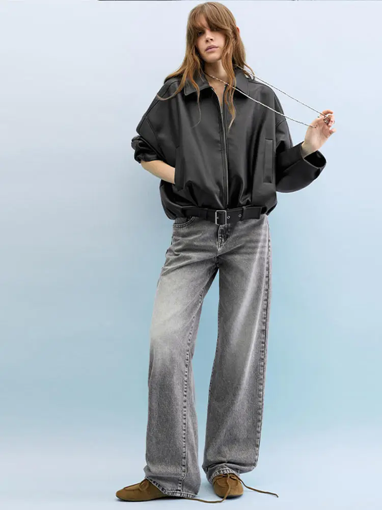 

Street Leather Women's Jacket Long Sleeve Turn-down Collar Zipper Female Coats 2025 Autumn Fashion Pu Lace Up Loose Lady Jackets