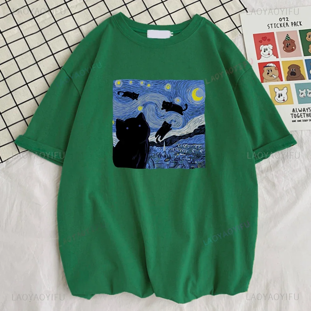 Vincent Van Gogh Starry Night Cute Cat Men Cotton Short Sleeve Crewneck Casual Tops Creative Woman Short Sleeve Mans Clothing