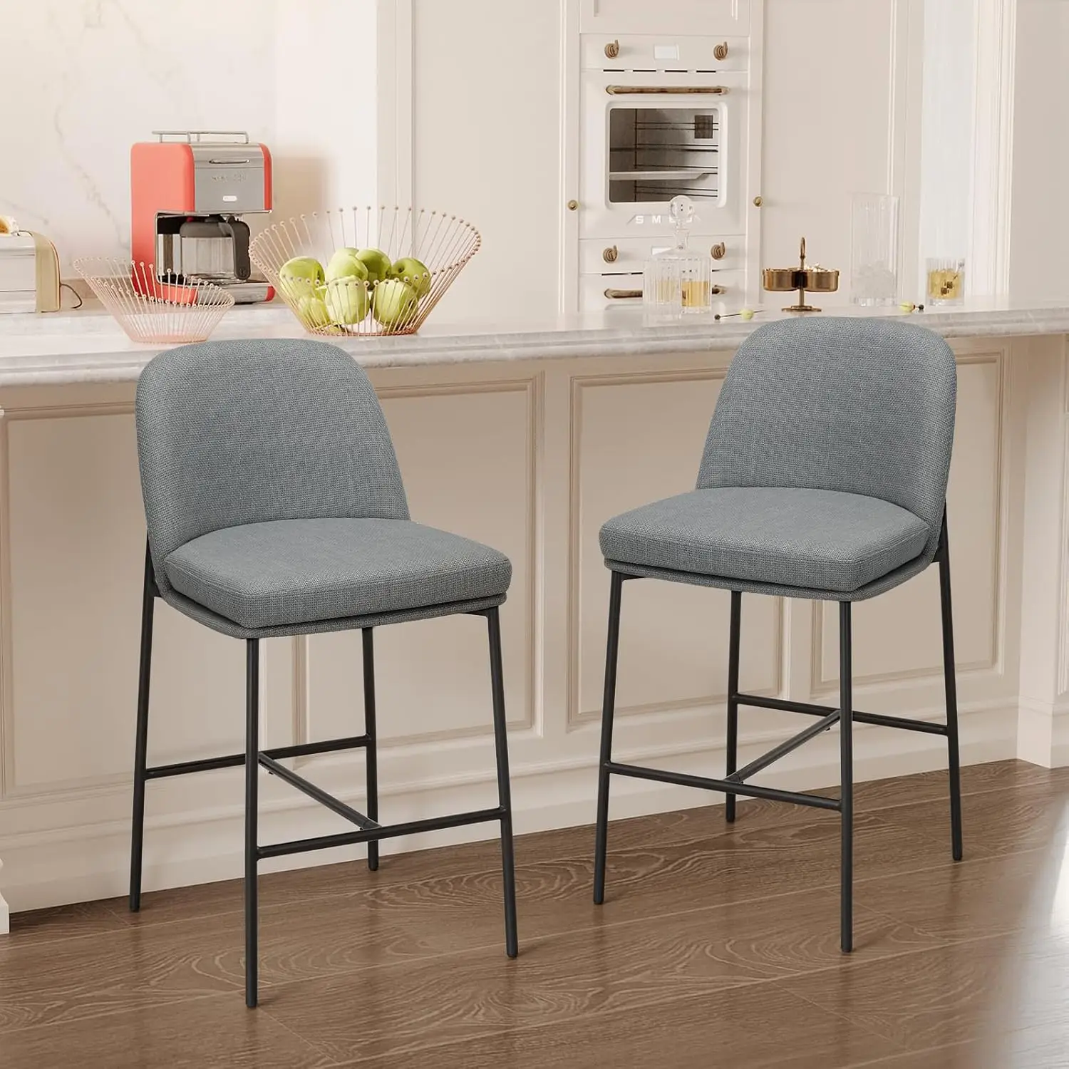

Counter Height Bar Stools Set of 2, 25 Inch Modern Fabric Kitchen Island Stools with Back, Upholstered Counter Barstools Armless