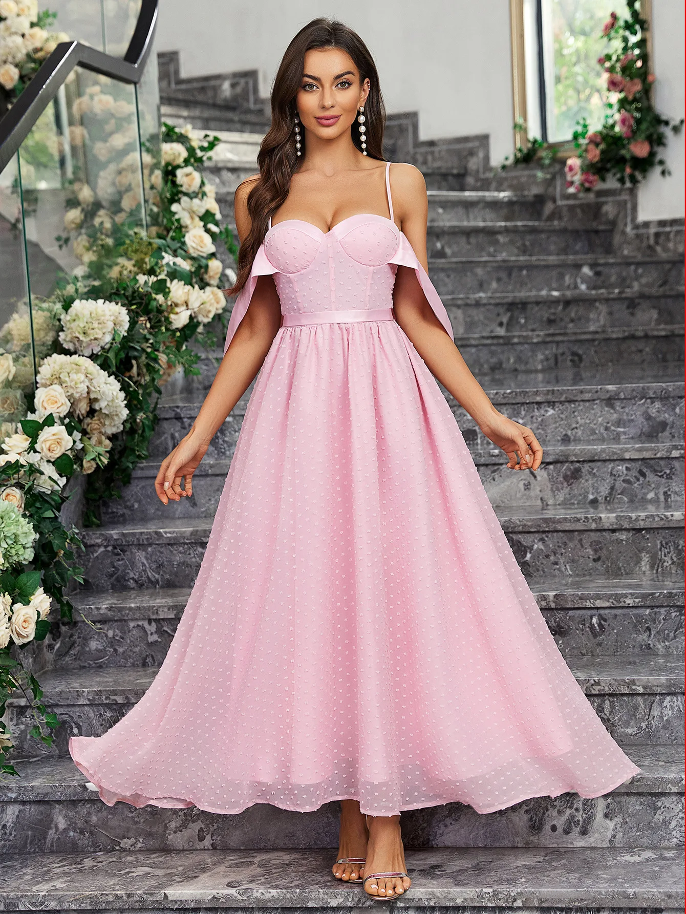 

Spaghetti Straps Backless A Line Evening Dress 2024 Elegant Dusty Pink High Waist Fluffy Prom Gowns Formal Party Vestido De Gala