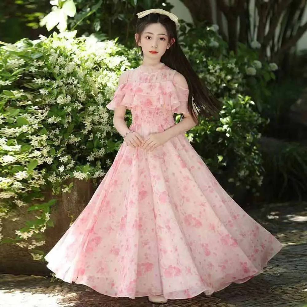 Elegant Loose Girls Chiffon Floral Dress Teenagers Pleated Summer Dresses Beach Vacation Party Children Princess Dress Beach