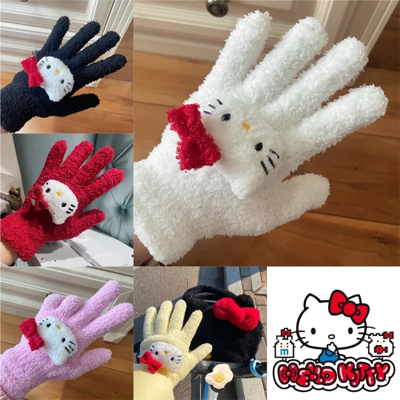 Sanrio Hello Kitty guanti Cartoon Anime Mittens Girl addensato calore invernale guanti in velluto corallo guanti morbidi per dita intere per adulti