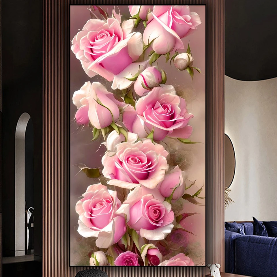 Large Pink Rose Diamond Painting New 2025 Full Square Round Diamond Embroidery Landscape Picture Mosaic Living Room Decor Gift